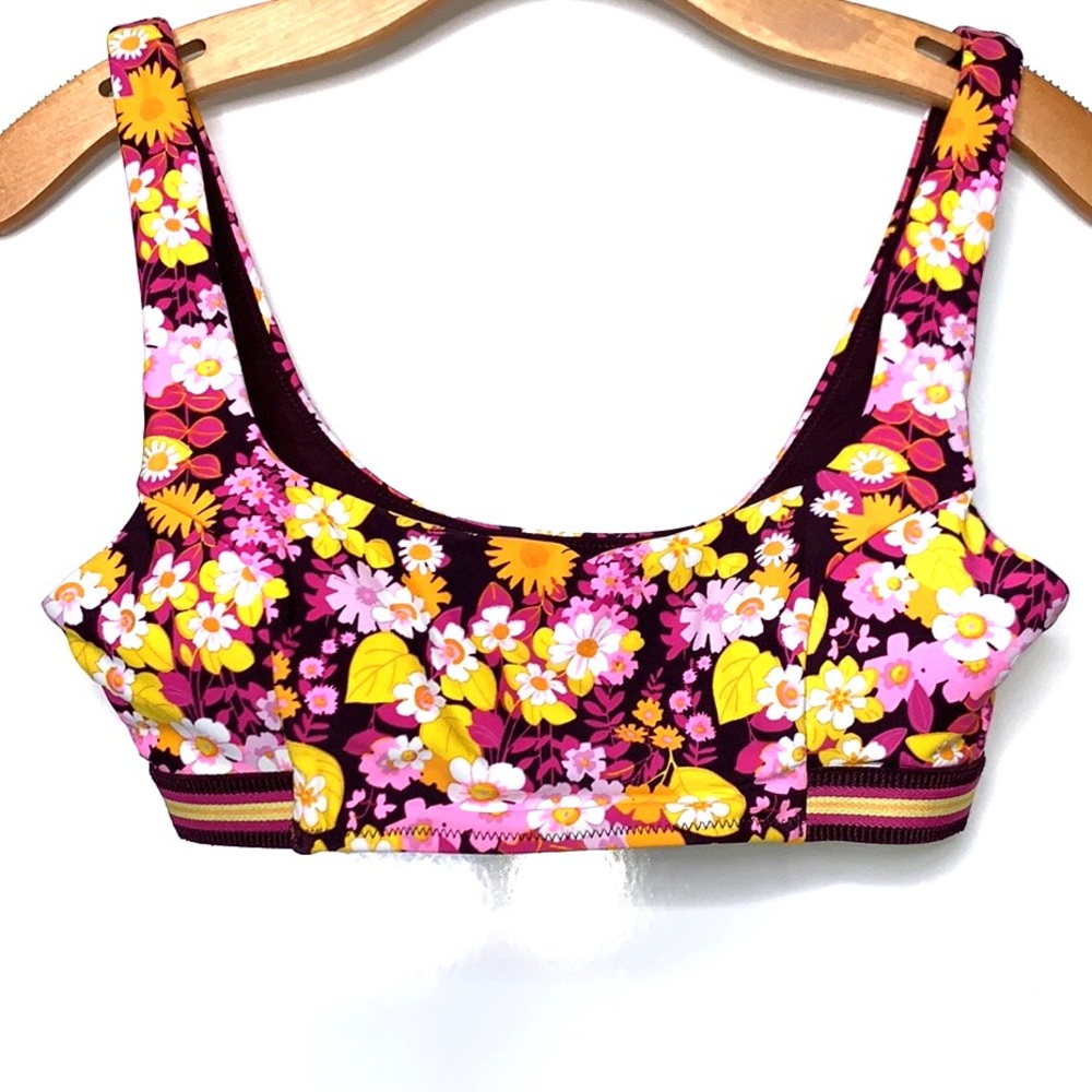 NWOT AERIE Maroon Scoop Floral Daisy Retro Swim Bikini Top Size Medium